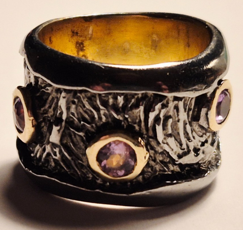 E0015-Solid 925 Silver Ring-Two Tone-Amethyst-Art… - image 1