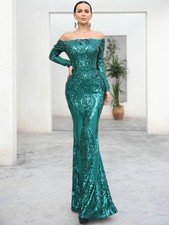 Off Shoulder Sequin Evening Dress for PROM, Party, Green, SMALL US/4