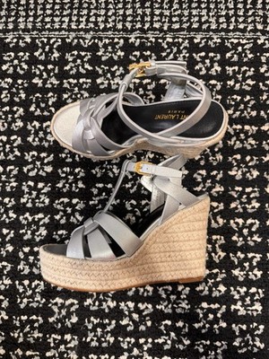 Saint Laurent Tribute Silver Wedge Espadrille Sandals EU 38