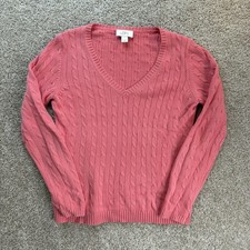 Ann Taylor LOFT Sweater Womens Small Pink V Neck Cable Knit Cotton Pullover