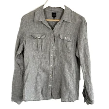 Blue Saks Fifth Avenue Linen Top Size Large Grey Button Up Long Sleeve Pockets