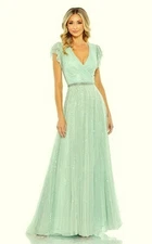 Mac Duggal Sea Mist Green Beaded Cap Sleeve Tulle A-Line Gown Size 16 $698
