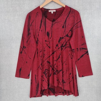 Jess & Jane Tunic Top Medium Red Abstract Art Stretch Long Sleeve Made in USA