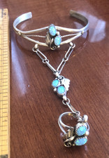 Vintage Sterling Silver Turquoise Native American Slave Chain Ring Bracelet 6.5