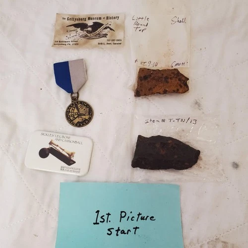 Civil War Relics Lot Shell Fragments, Gettysburg Medal & Historical Cards