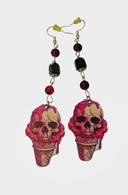 Skeleton Ice Cream Cone Earrings W/Magenta, Tiger Eye & Glass Beads 