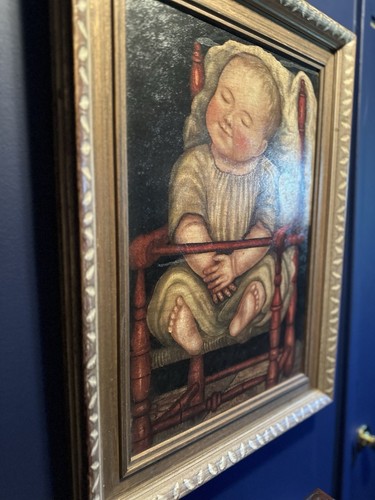 Baby in a Red Chair Vintage Framed Folk Art 22”x15” Oil - Picture 4 of 17