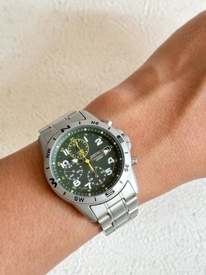 Rare Seiko Green Field Chronograph SND377P Quartz 7T92-0DX0 Vintage Watch Men