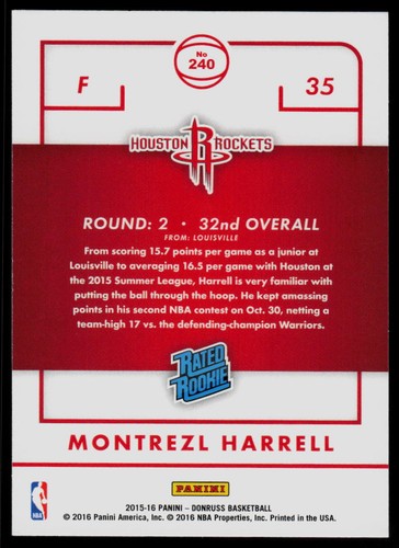 2015-16 Donruss #240 Montrezl Harrell RC Houston Rockets - Picture 2 of 2