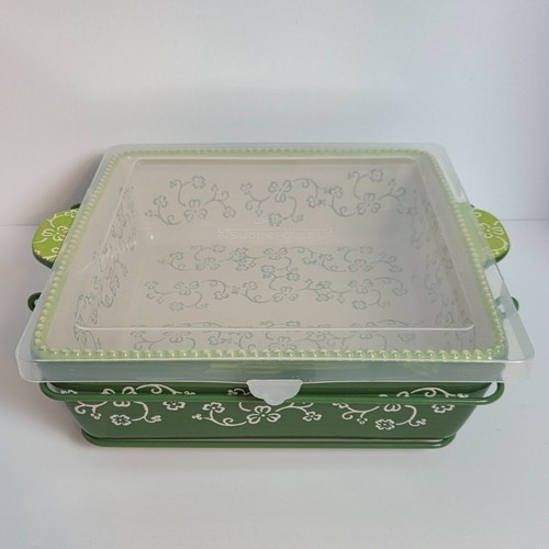 Temp-Tations Floral Lace Shamrock Square Baker 2.5 Qt Plastic Cover Metal Stand - Picture 2 of 8