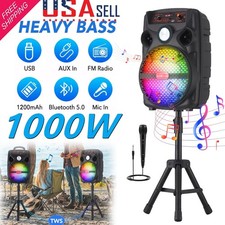 1000W 8" Woofer Portable Bluetooth Party Speaker Heavy Bass Sound Mic FM w/Stand