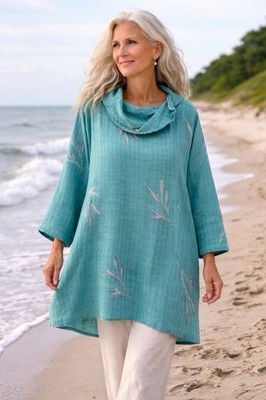 Kaliyana Artwear Teal Linen Blend Tunic Dress M/L Lagenlook Oversized Travel B
