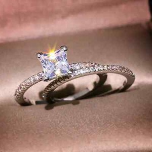 Authentic 1.8Ct Princess moissanite engagement ring set 14k white gold plated stacking rin