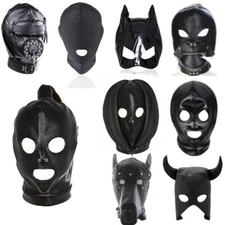 BDSM Black Pu Leather Head Bondage Hood Mask Open Eye Mouth with Zipper Couple