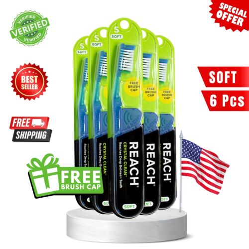Reach Crystal Clean Toothbrush SOFT Bristles with Free Travel Cap x 6 Pack