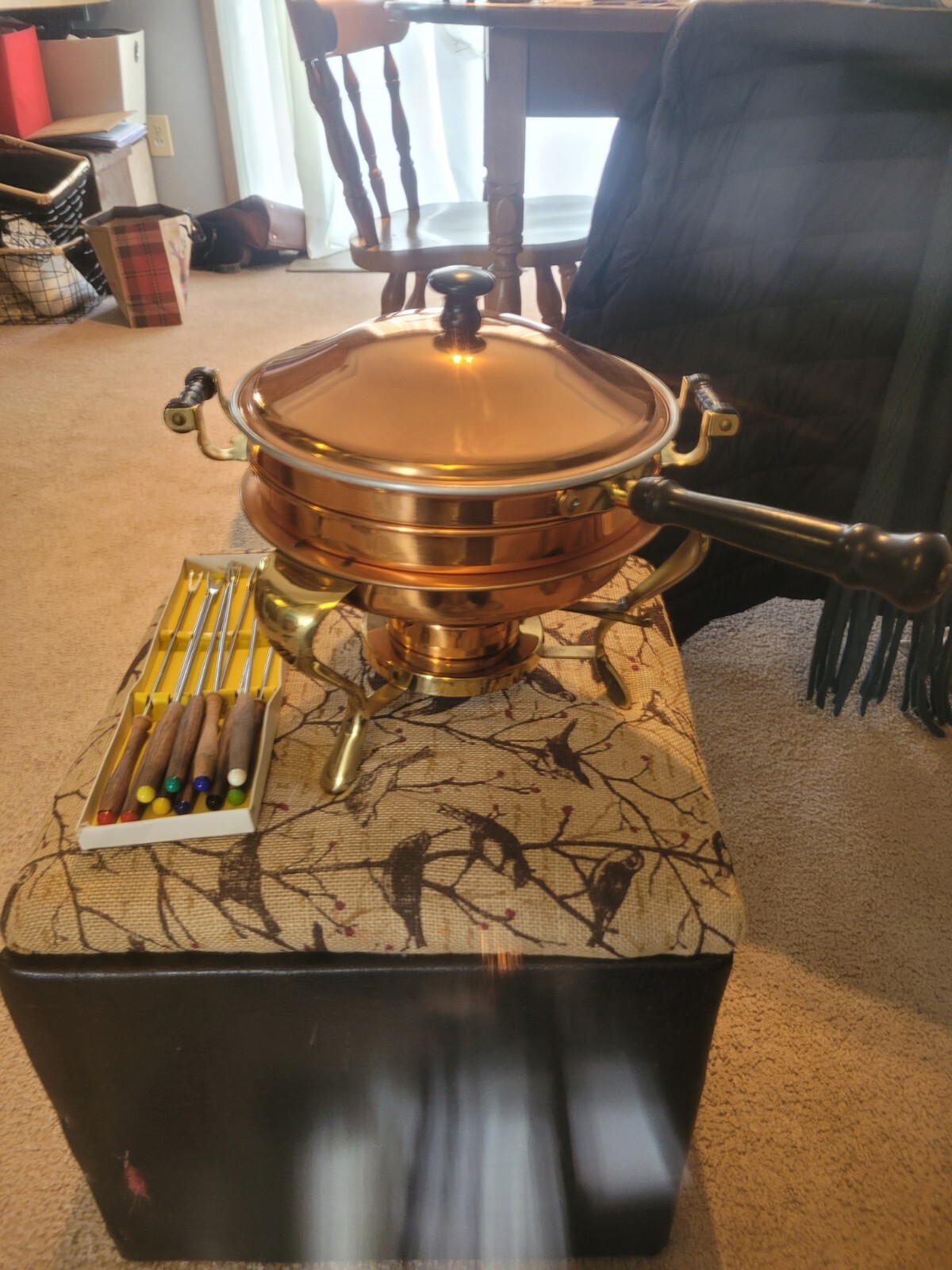 Vintage Copper Brass Wood Copper Craft Guild Fondue Chafing Dish Double