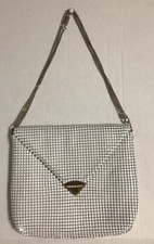 Whiting  Davis Purse Mesh Metal White Tone Matte Evening Bag Chain Strap Retro