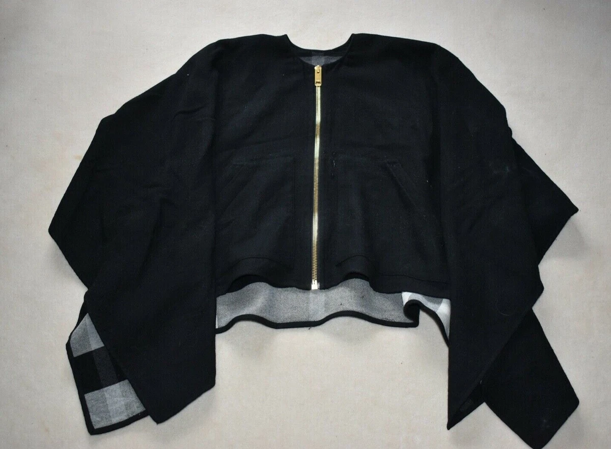 Burberry Black Asymmetric Merino Wool Zip Up Front Poncho Womens