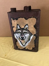 Farm deco Wolf  mountain lion Primitive, country Home Decor Hand painted tin can