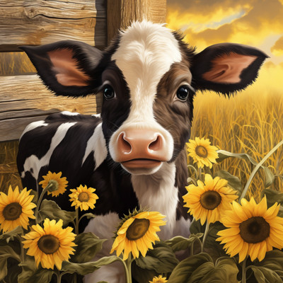Dekobild Kälbchen Kuh Sonnenblumen Wandbild Tiere Dekofliese Wanddeko Wandfliese