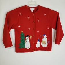 Vtg Croft  Barrow Christmas Snowman Button Up Cardigan "Ugly" Sweater Red Med