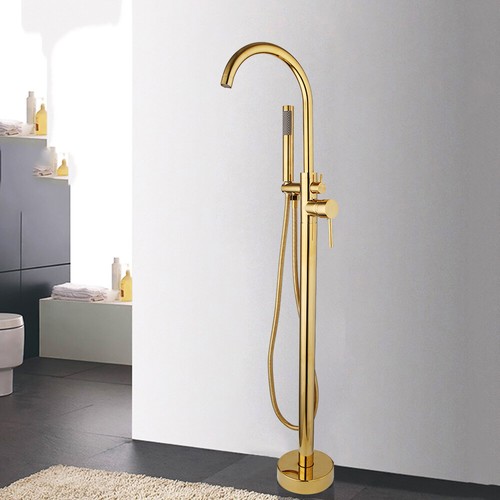 Floor Mounted 45.6" Gold Freestanding Bath Tub Filler Handheld Shower Faucet Set - Picture 2 of 12