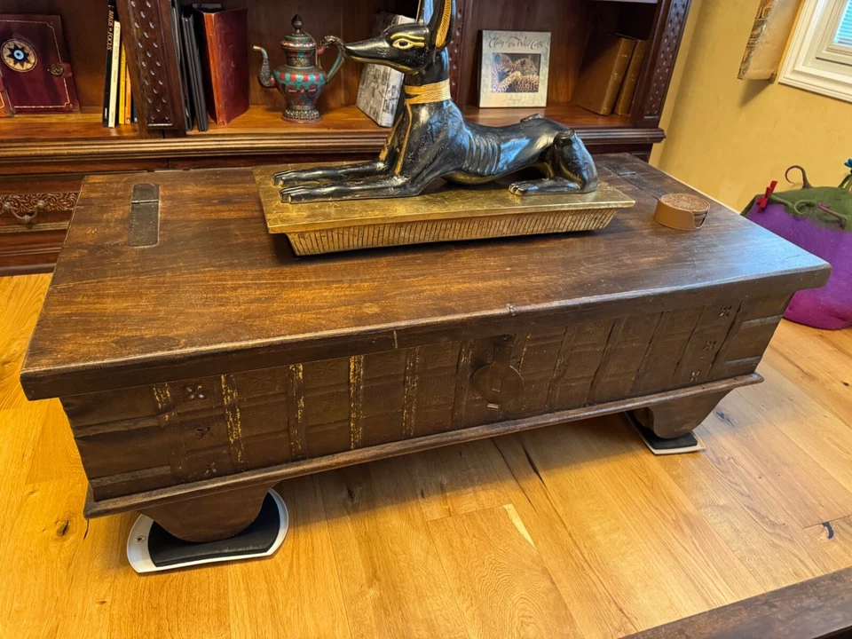 Large Antique India Dowry Trunk Chest Iron Strapped Hinged, 55.5"W x 28"D X 19”T - Image 2 of 4