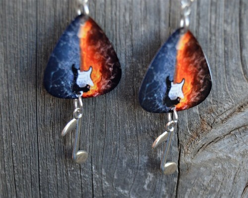 Guitar Fire and Ice Guitar Pick Earrings with Music Note Dangles - Picture 2 of 2