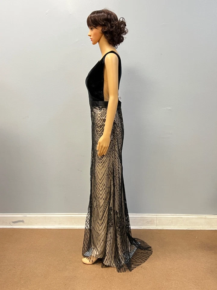 Vestido de noche para mujer negro de encaje con lentejuelas cuello en V sirena graduación sin mangas caja abierta Foto 3 de 4