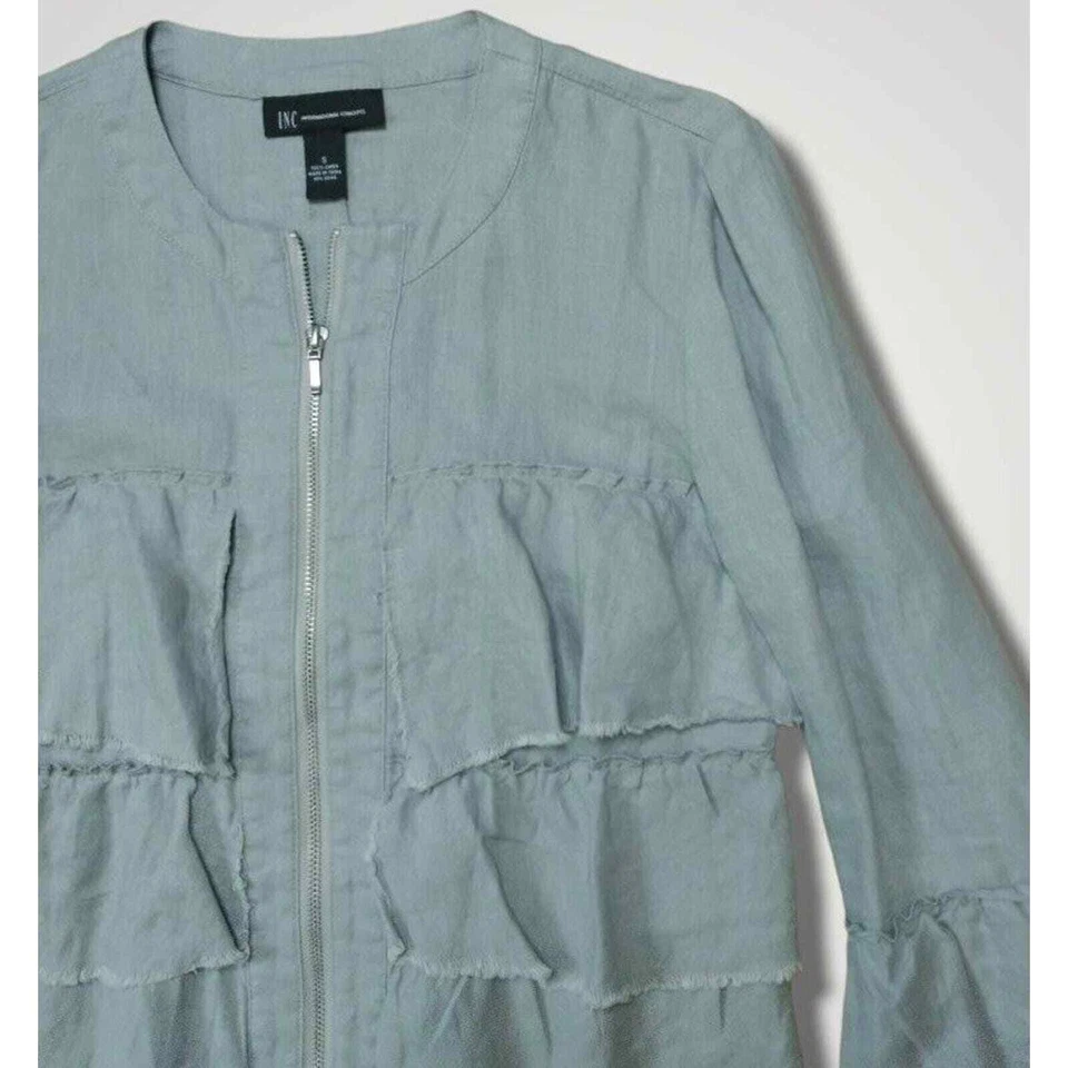 INC International Concepts Tiered Ruffle Full Zip Gray Linen Jacket Size Small - Image 4 of 4