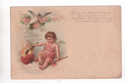 Liebesgrüße um 1905: AMOR Schüre das Feuer im Herzen ! farbiges Bild + Gedicht