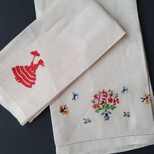 2 lot White Linen Hand Stitched Cross Stitch Hankies Floral Victorian Dress Lady