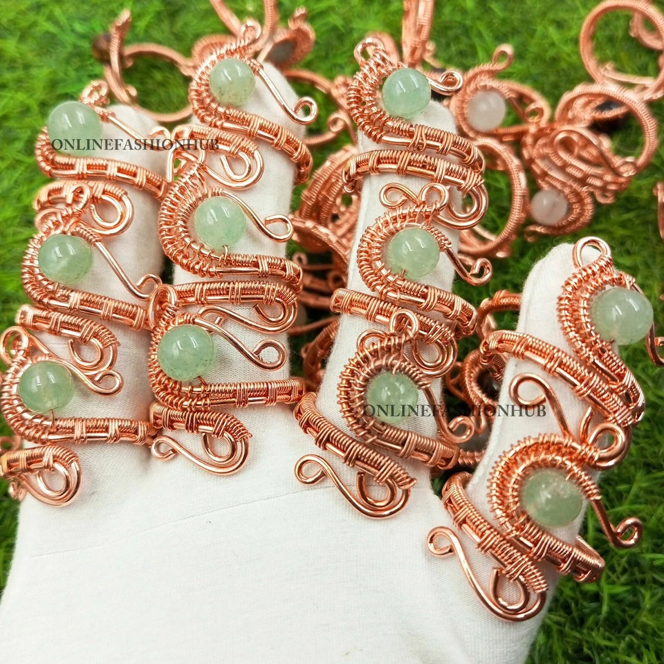 Hot Aqua Aventurine Gemstone Silver Plated Copper Wire Wholesale Lot Snake Rings - Image 3 of 4