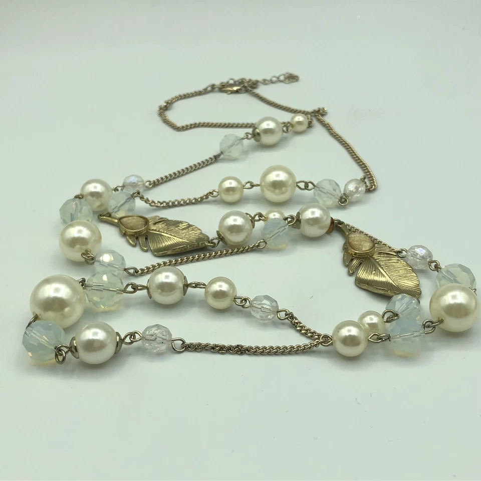 NEXT Long Gold Tone Necklace Faux Pearl & Clear Bead Retro Festival Boho Hippy - Image 4 of 4
