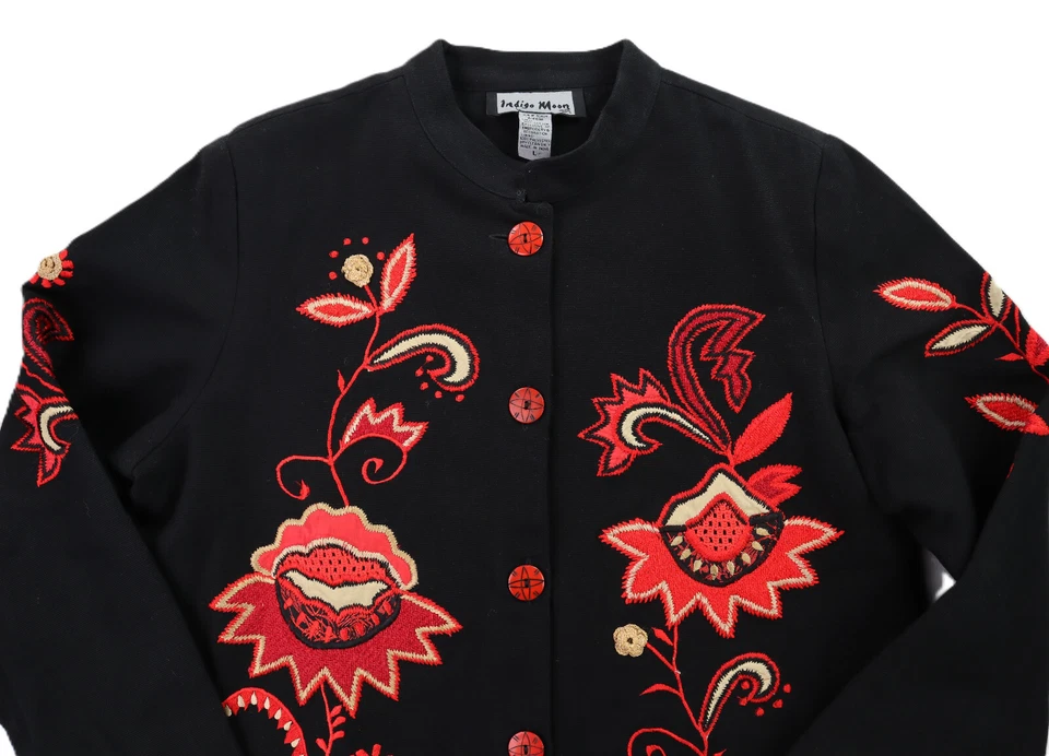 INDIGO MOON US Women’s L Black 100% Cotton Floral Embroidered Coat Evening Party - Изображение 3 из 4