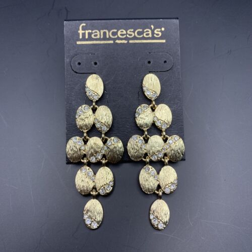 Francescas Chandelier Earrings Dangle Gold Tone Cubic Zirconia CZ Textured Long - Picture 1 of 7