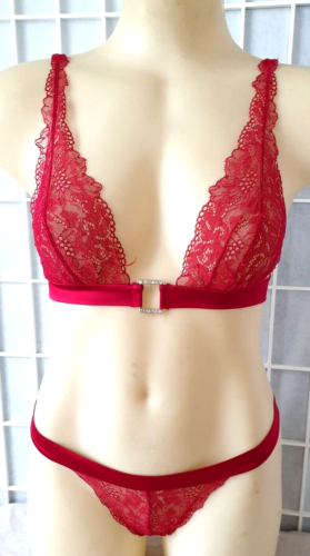 PLEASURE STATE COUTURE RED DIAMANTE LACE SILK LINGERIE SET - Picture 1 of 11