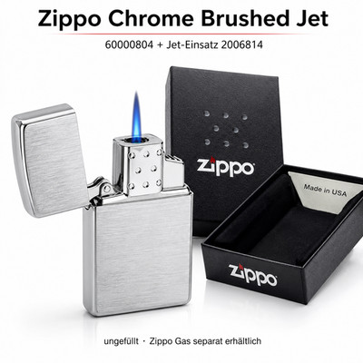 Zippo Chrome Brushed mit Jet Einsatz Feuerzeug Gas Sturmfeuerzeug Silb