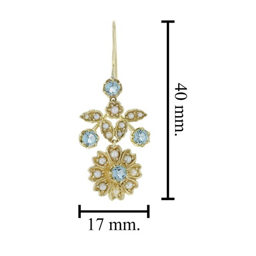 9K Gold Natural Blue Topaz and Pearl Vintage Style Floral Cluster Drop Earrings - Picture 5 of 8