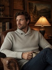 CHAPS OATMEAL SHAWL NECK SWEATER ELBOW PATCH WAFFLE KNIT COTTON LARGE HENLEY
