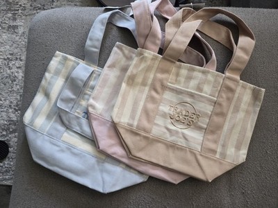 Trader Joe's Lot of 3 Striped Reusable Tote Bags Beige Pink Blue Logo