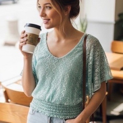 Lavish Lace Dolman Sleeve Top Women Size S Seafoam Green Smocked Waist Boho