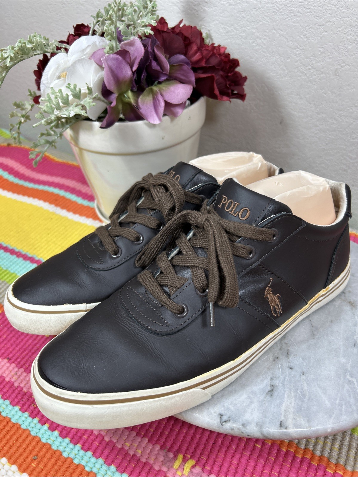 Polo Ralph Lauren Hanford Pony marrone ecopelle scarpe sneaker uomo US 10 5 D