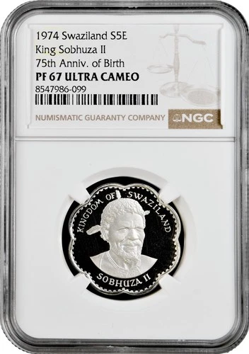 Swaziland 5 emalangeni 1974, NGC PF67 UC, "75th Ann. - Birth of King Sobhuza II"
