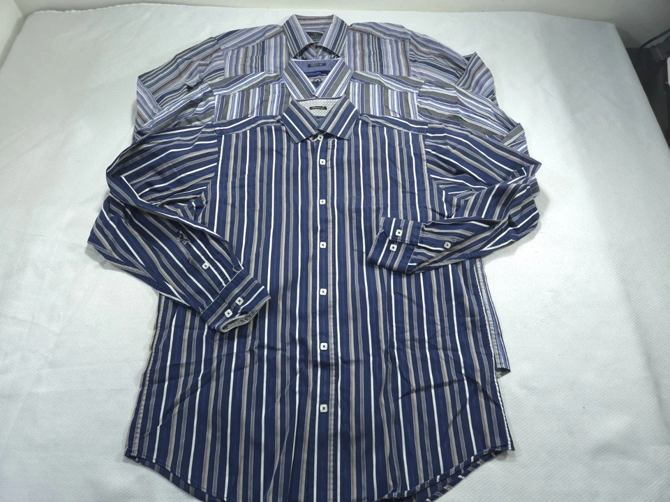Bugatchi Shirt LOT Medium Blue Purple Striped Flip Cuff Button Up Geo Uomo - Image 2 of 4