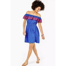 Lilly Pulitzer Women Kalama Off-The-Shoulder Embroidered Smocked Dress Sz S Blue