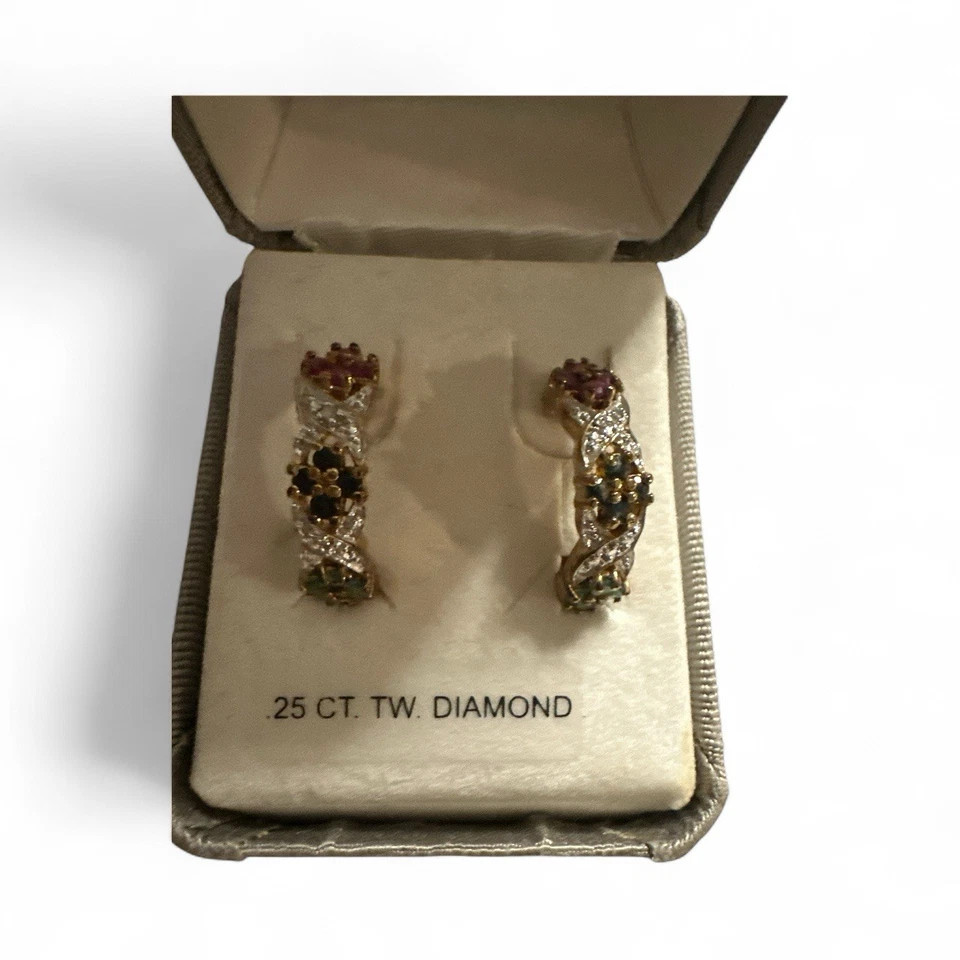 18kGold Over Sterling Silver Natural Ruby  Sapphire Emerald Flower Hoop Earrings - Image 2 of 4