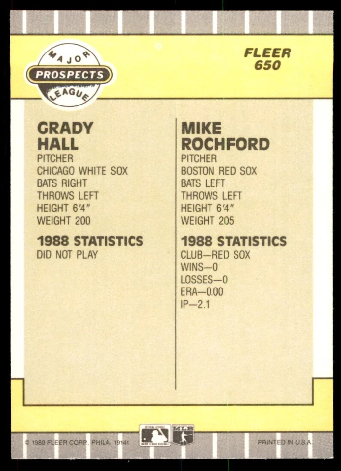 1989 Fleer Grady Hall/Mike Rochford Baseball Cards #650 - Image 2 of 2
