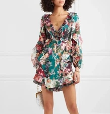 NWT. ZIMMERMANN Allia Ruffled Floral-print Linen Mini Dress ZIM 0 / US4
