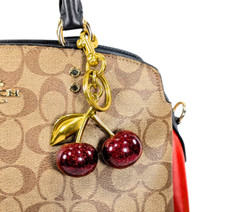 Cherry Bag Charm Key Chain Glitter Red Cherries Gold Clip